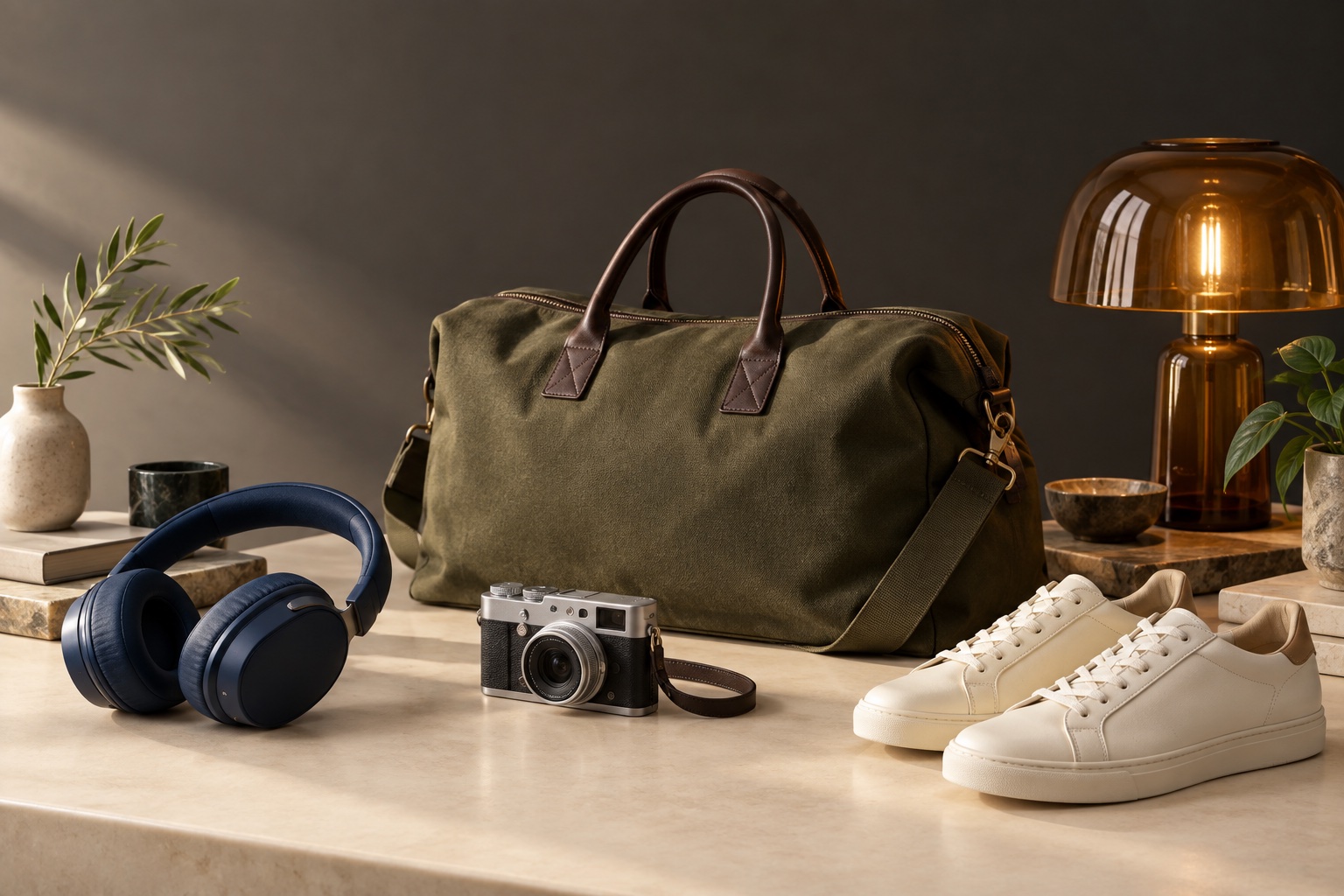 Illustrative collection of headphones, a weekender bag, a compact camera, sneakers and an amber lamp